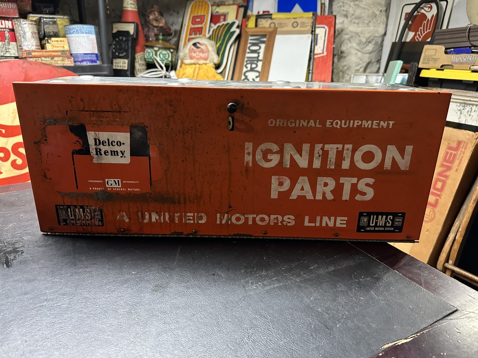 DELCO SIGN 1950’s Ignition SERVICE CABINET UNITED MOTORS SYSTEM GM