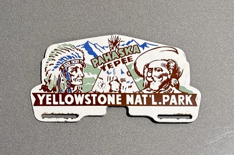 VINTAGE 12” YELLOWSTONE PARK PLATE TOPPER PORCELAIN SIGN CAR GAS MOTORCYCLE OIL