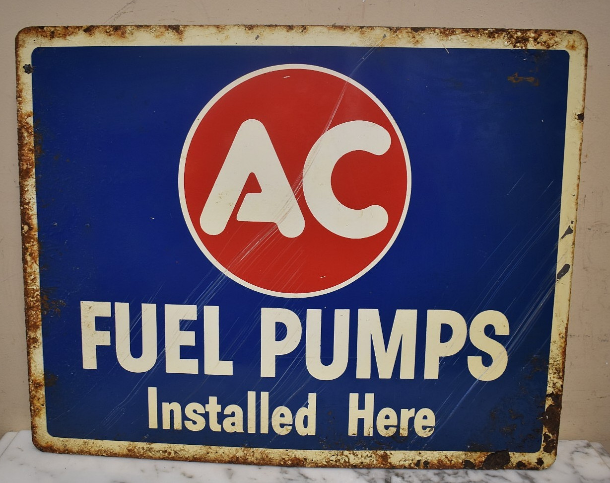 Barn Found Vintage AC Fuel Pumps Installed Here Tin Flange Advertising Sign. NOS