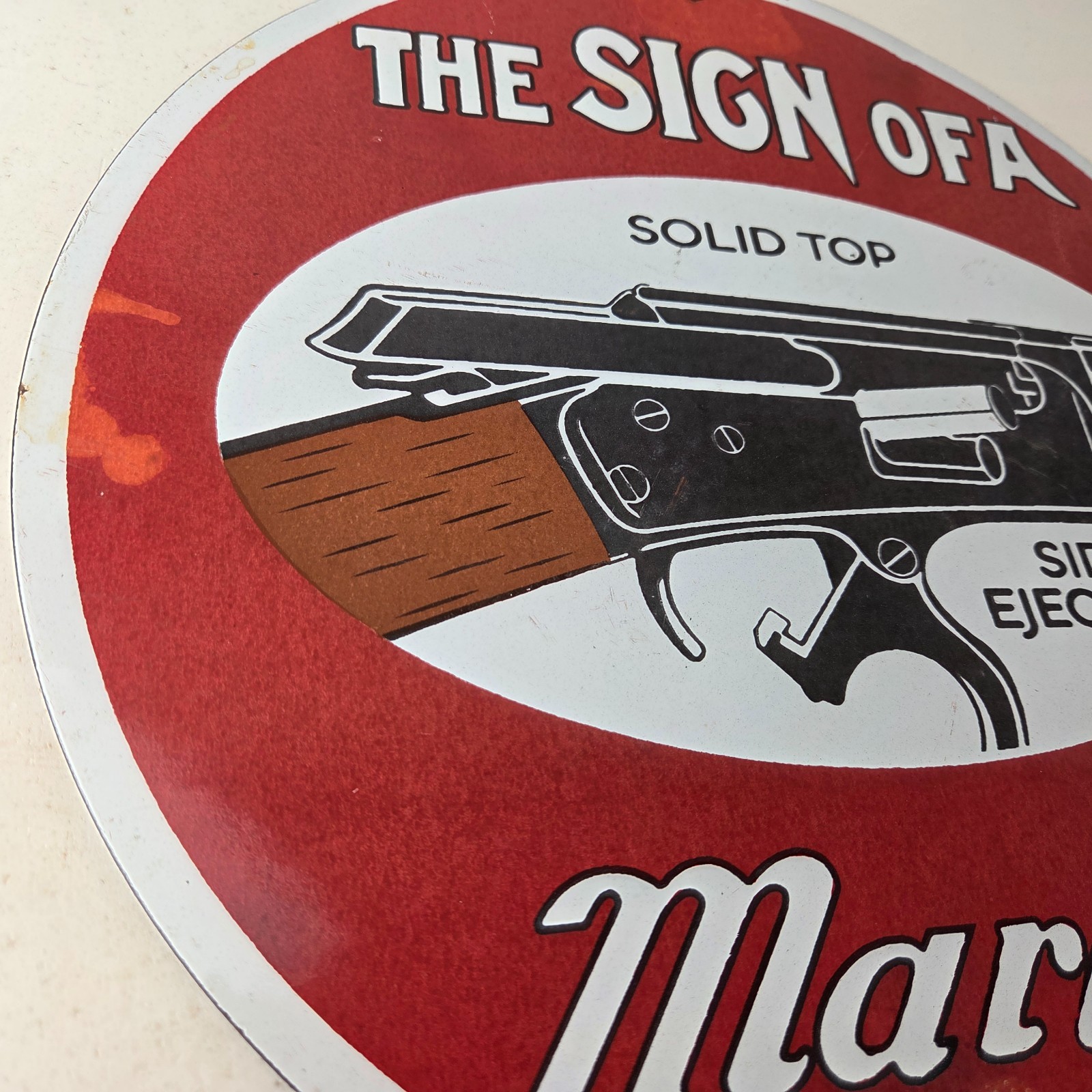 Vintage Marlin Solid Top Side Ejection Porcelain Signs – Lever Rifle Signs