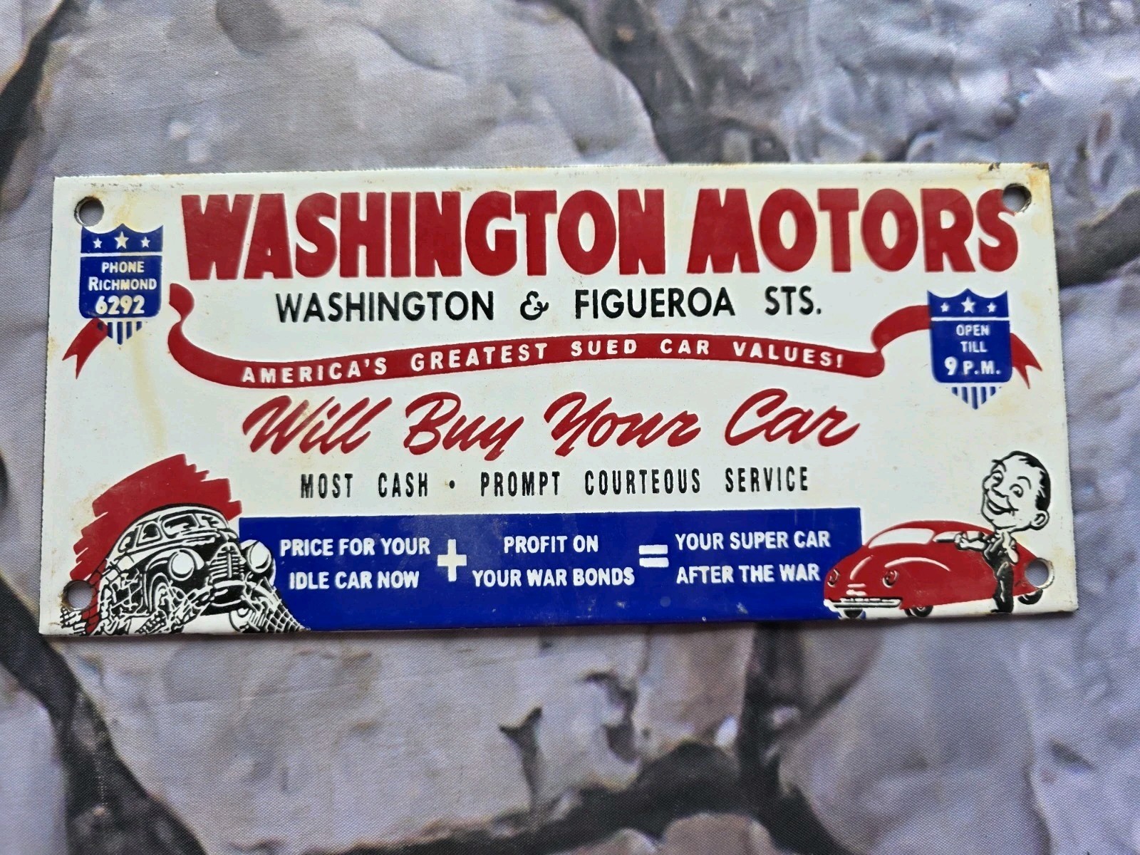 VINTAGE WASHINGTON MOTORS USED CARS PORCELAIN SIGN MOTOR OIL AUTO SALES 10″X4.5.