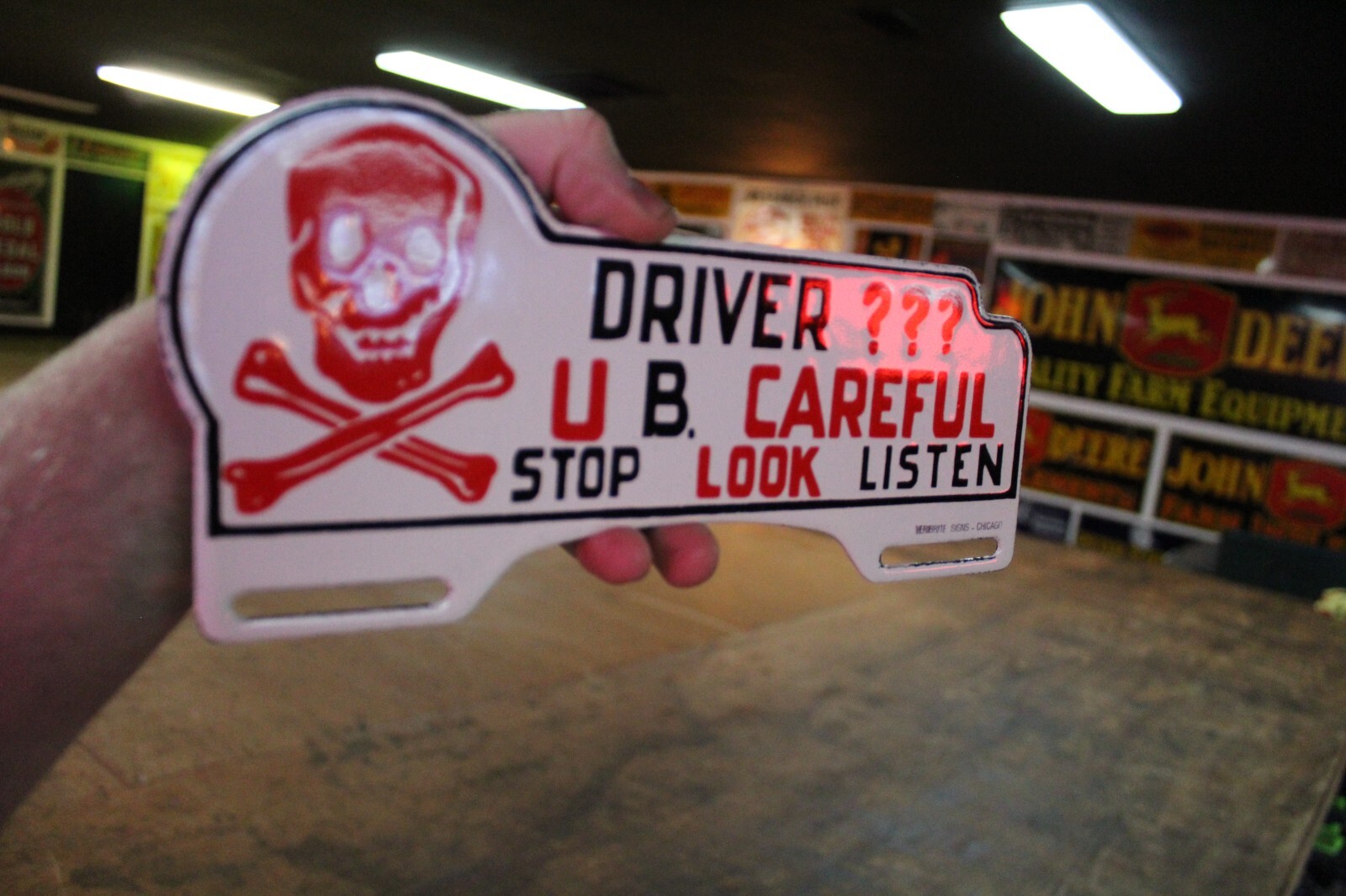DRIVE U B CAREFUL STOP PORCELAIN METAL PLATE TOPPER SIGN SKULL CROSSBONES GAS