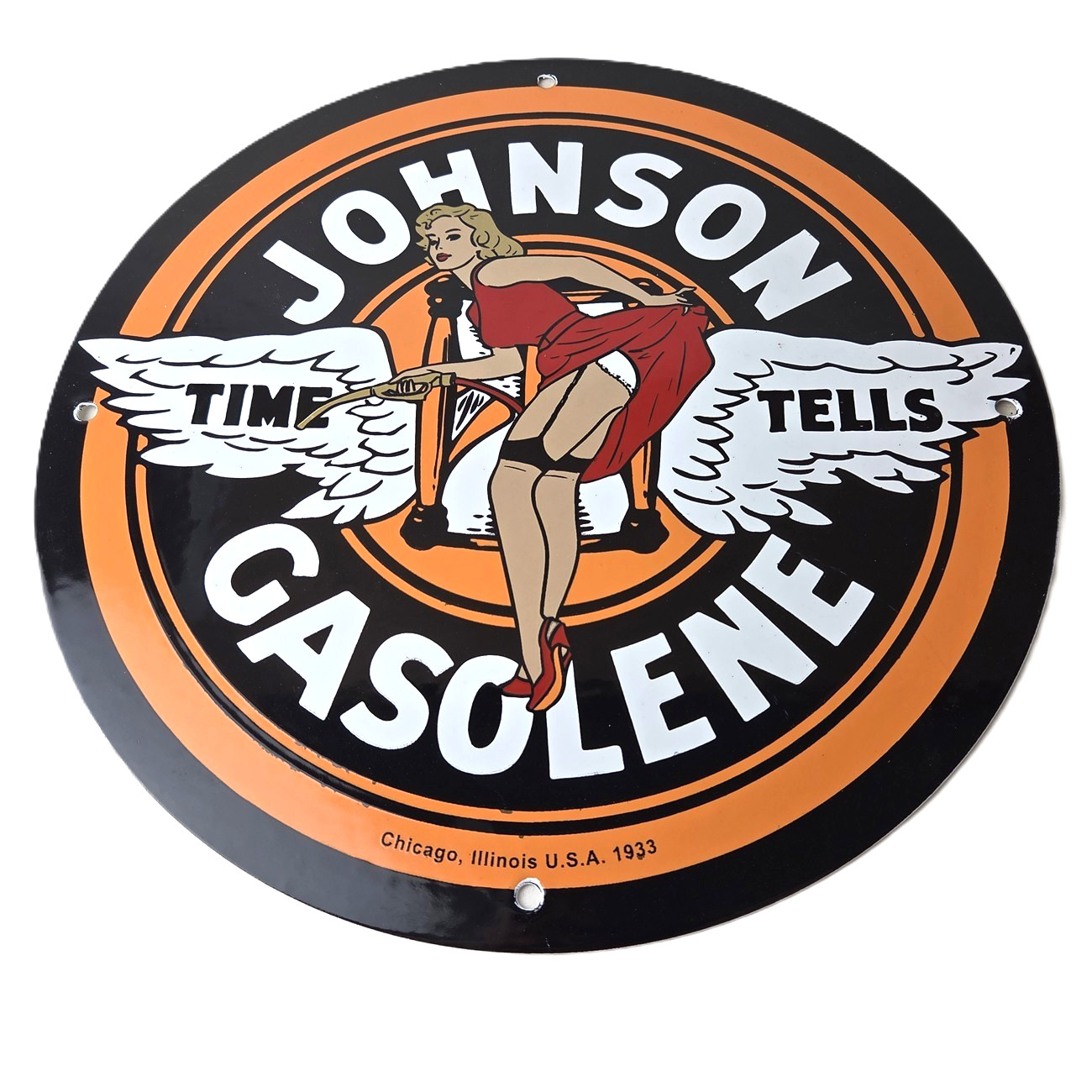 Vintage Johnson Gasoline Sign – Time Tells Gas Oil Pump Plate Porcelain Sign