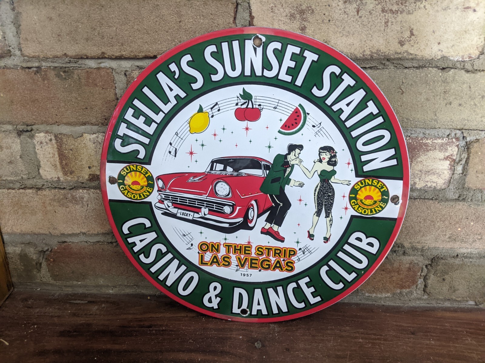VINTAGE 1957 SUNSET CASINO & DANCE CLUB PORCELAIN GAS STATION PUMP SIGN 12″