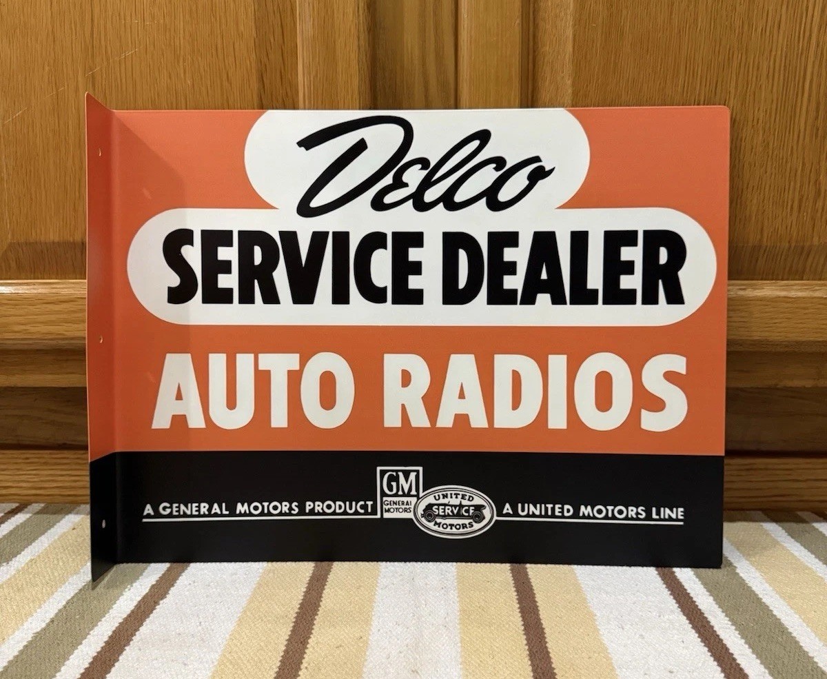 Delco Auto Radios Flange Sign Service Dealer GM Gas Oil Vintage Style Wall Decor