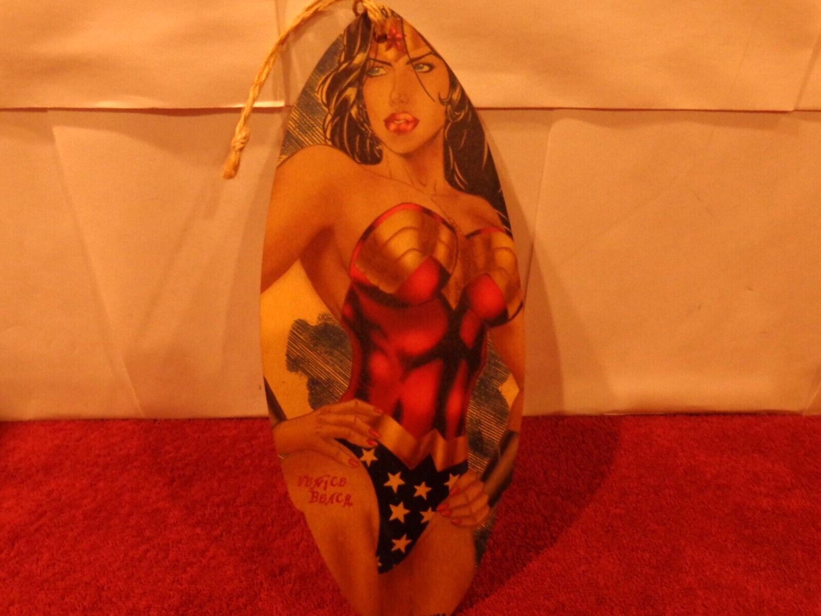 4×10 in SIGN VENICE BEACH CALI. WONDER WOMEN PRINT ON WOODEN SURF BOARD USA-Z393
