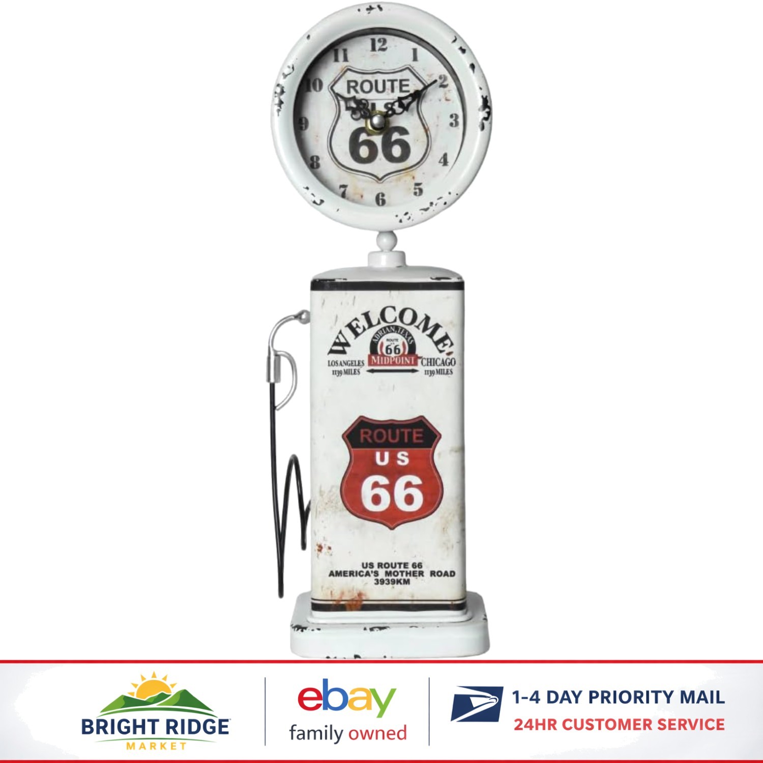 Retro Gas Pump Clock for Tabletop Display in White, 13.5 inches Tall
