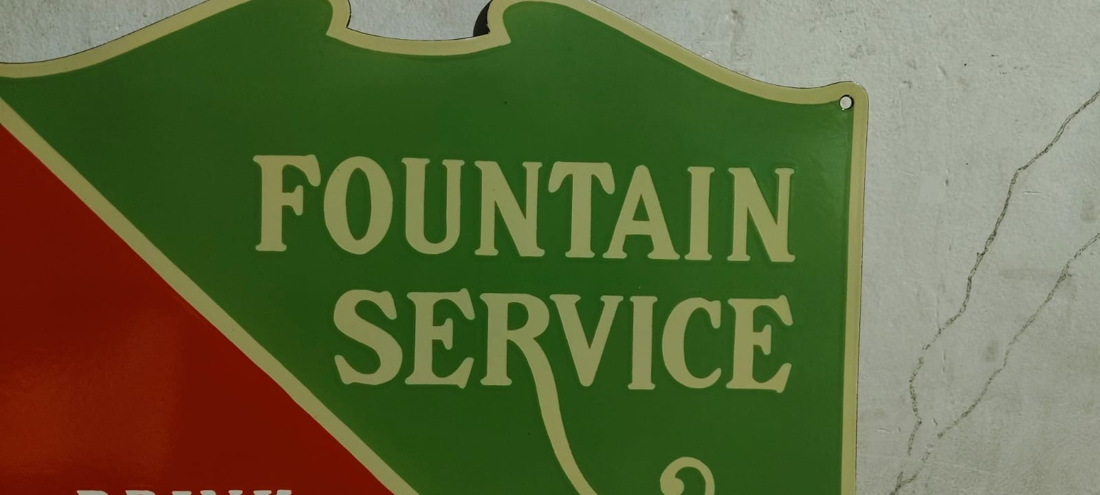 Drink Coca Cola Fountain Service Porcelain Enamel Sign 26 x 22.5 Inches 2 Sided
