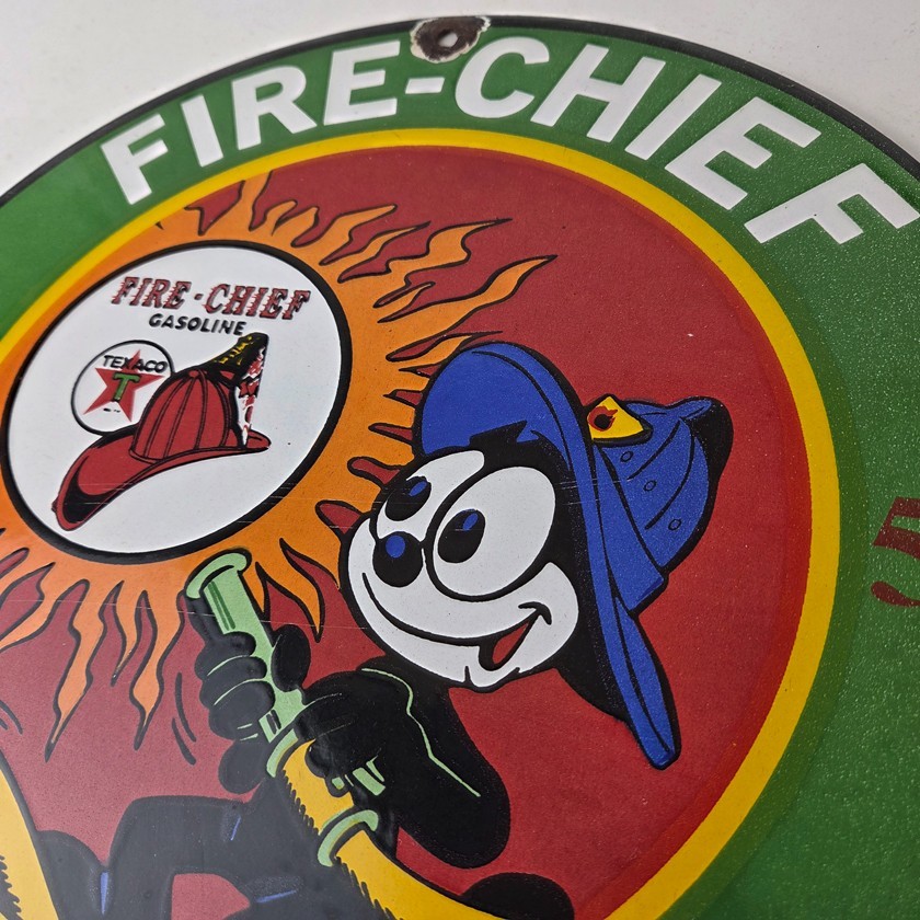Vintage Texaco Gasoline Porcelain Felix The Cat Firefighter Gas Pump Plate Sign