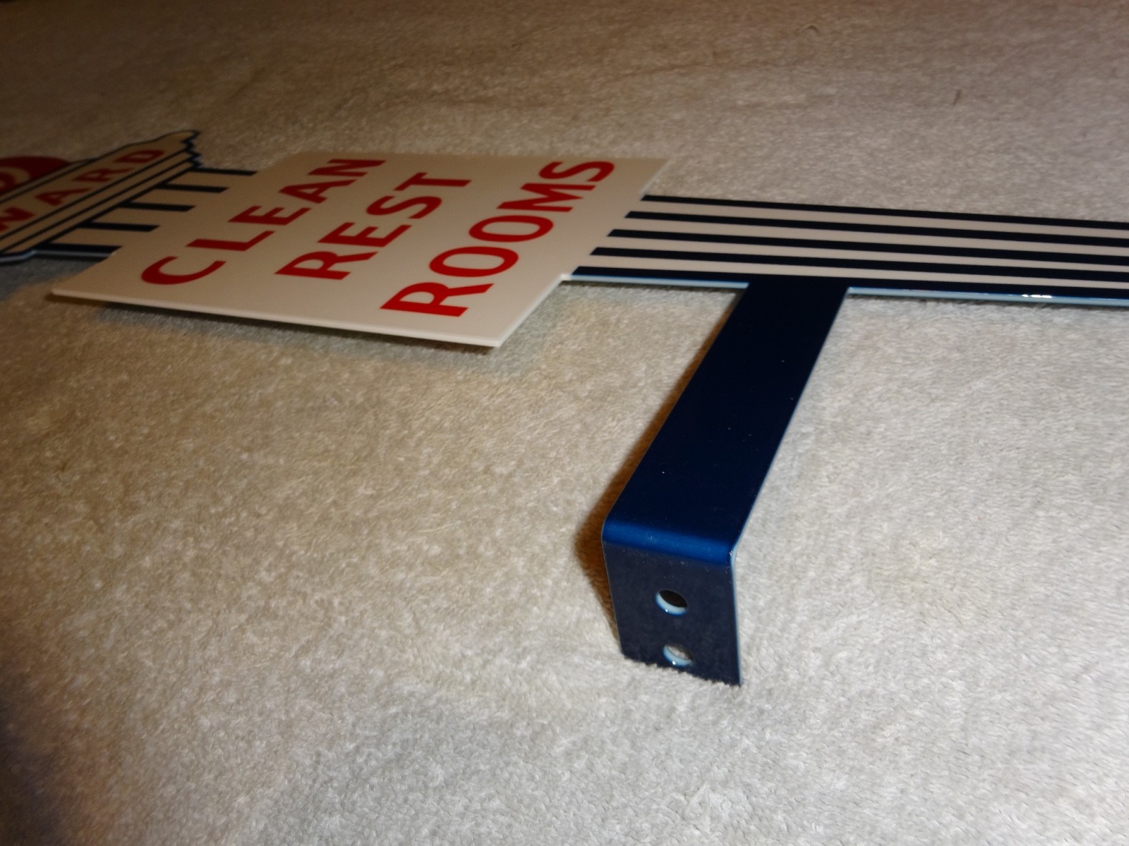 VINTAGE STANDARD GASOLINE TORCH CLEAN RESTROOM HUGE 2′ METAL AWARD BATHROOM SIGN