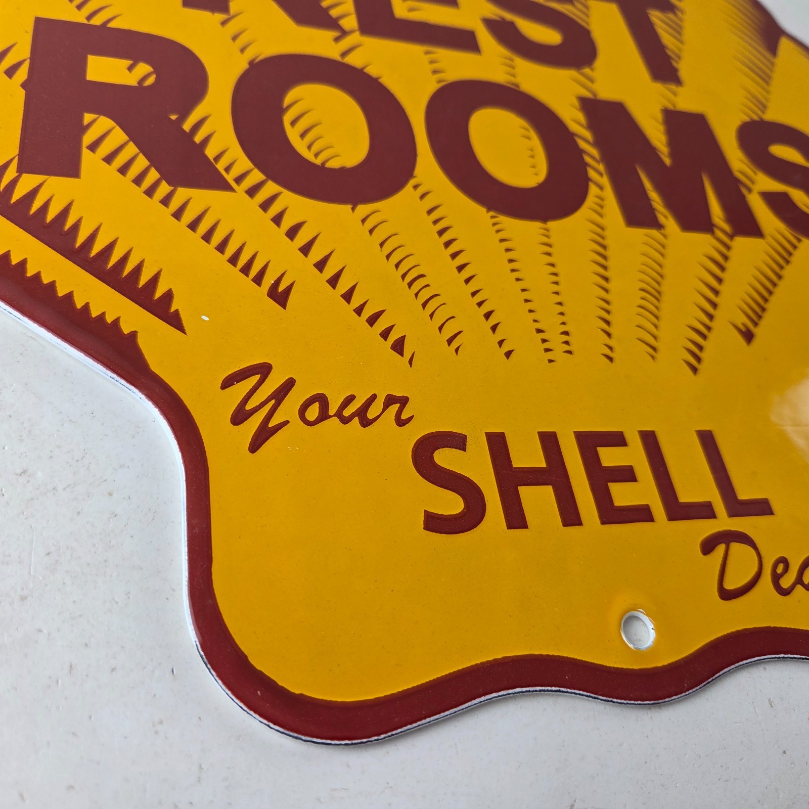 Vintage Shell Gasoline Sign – Rest Rooms Porcelain Gas Pump Plate Sign