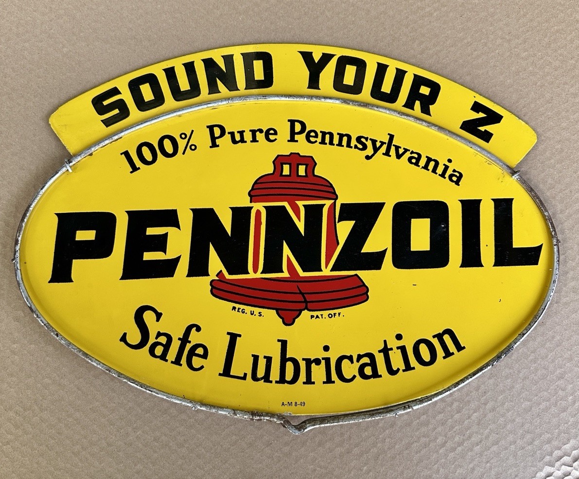 1949 49 PENNZOIL Double Sided Enamel Advertising Sign “Sound Your Z” 16.5 x 12