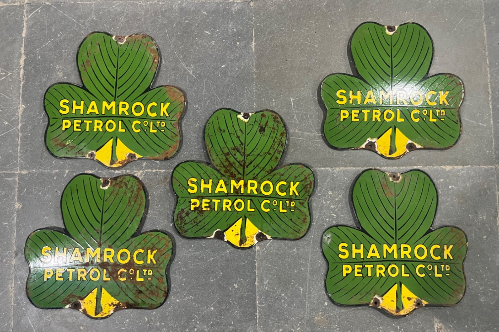 Lot of 5 Vintage Shamrock Petrol Co. ltd Porcelain Enamel Sign 14X14″