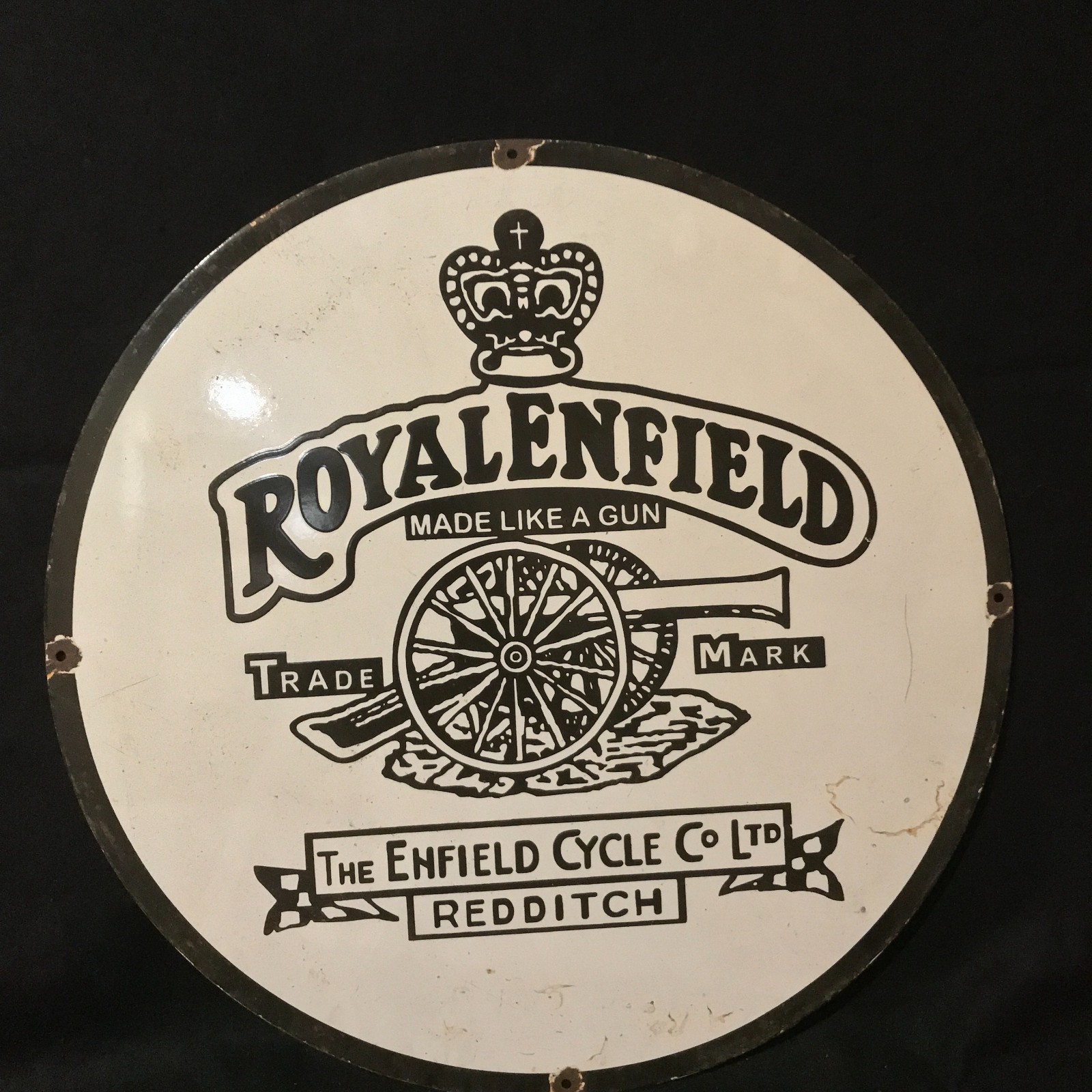ROYAL ENFIELD REDDITCH ADVERTISING PORCELAIN ENAMEL SIGN 30 IN ROUND SS