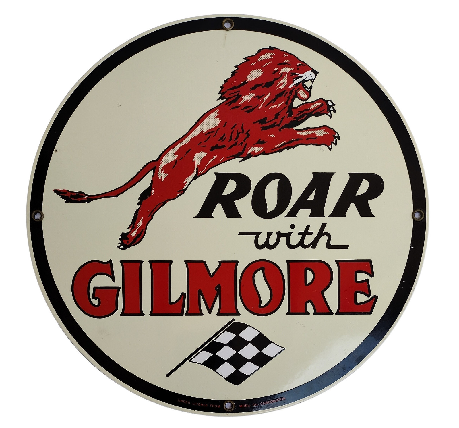 VTG ROAR WITH GILMORE THE RED LION PORCELAIN ENAMEL GASOLINE PUMP MOBIL OIL SIGN