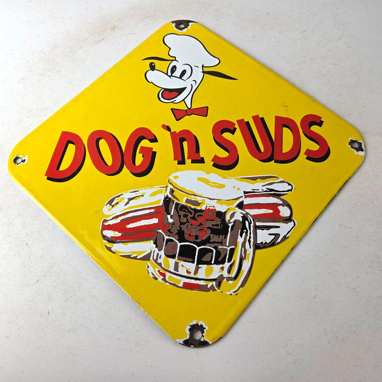 Vintage Dog n Suds Sign – Root Beer Gas Service Station Fast Food Porcelain Sign