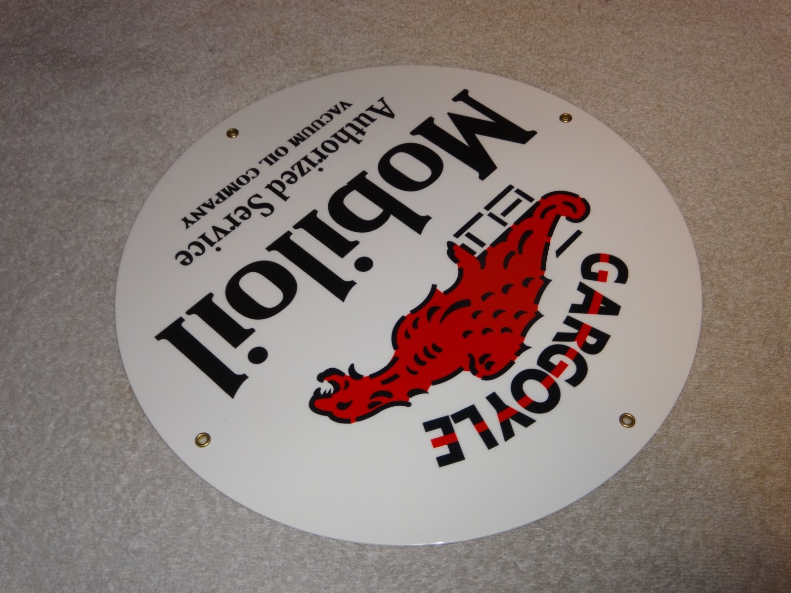 VINTAGE “MOBIL MOBILOIL W/ GARGOYLE” 11 3/4″ PORCELAIN METAL GASOLINE & OIL SIGN