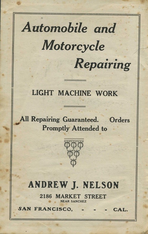 1914 Andrew Nelson Auto + Motorcycle Repair Shop Ad Market St San Francisco CA