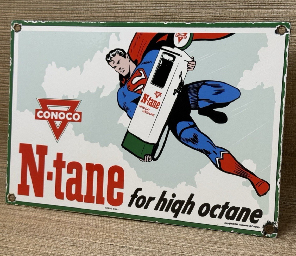 VINTAGE CONOCO SUPERMAN GASOLINE PORCELAIN SIGN GAS STATION PUMP PLATE MOTOR OIL