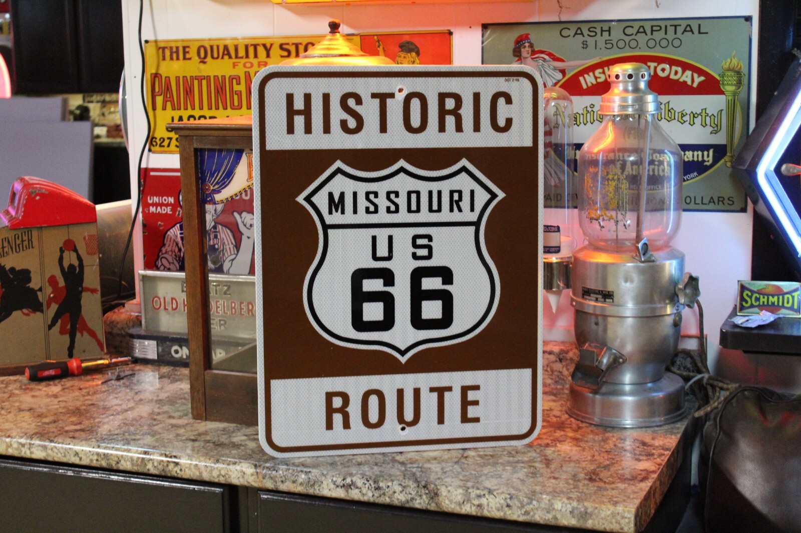 RARE MISSOURI US ROUTE 66 HWY MOTHER ROAD METAL SIGN HISTORIC DOT 2-98 GAS FORD