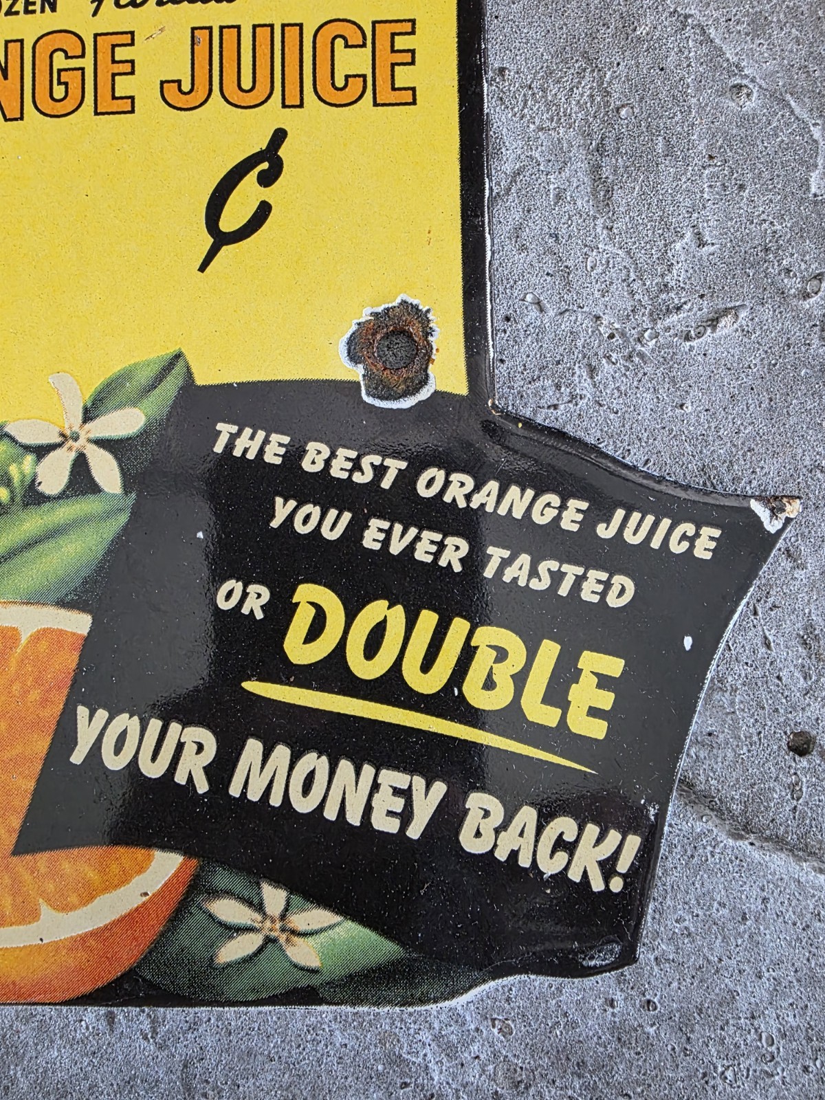 1950’S VINTAGE DONALD DUCK ORANGE JUICE PORCELAIN SIGN 12″x9″