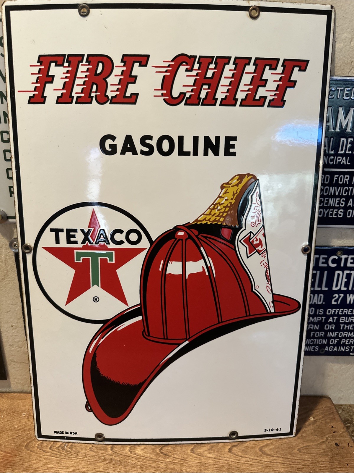 3-10-61 LARGE ORIGINAL & AUTHENTIC ”TEXACO FIRE CHIEF” 18X11 INCH PORCELAIN