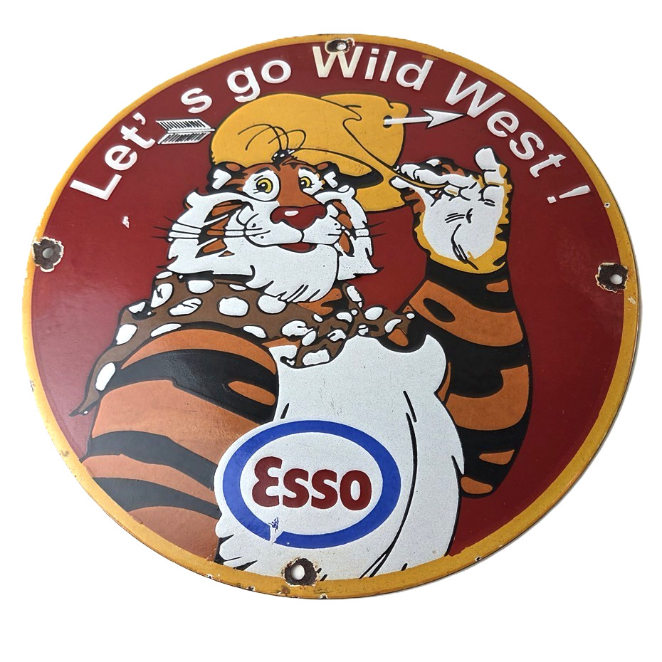 Vintage Esso Gasoline Sign – Gas Service Station Auto Tiger Tank Porcelain Sign