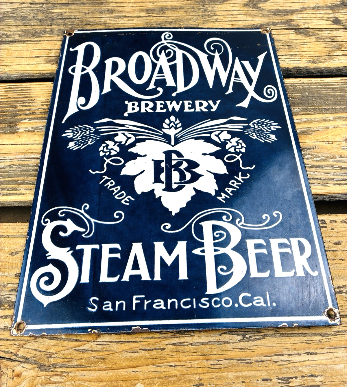 VINTAGE 12×9″ BROADWAY BREWERY STEAM BEER SF PORCELAIN PUMP STATION GAS OIL SIGN