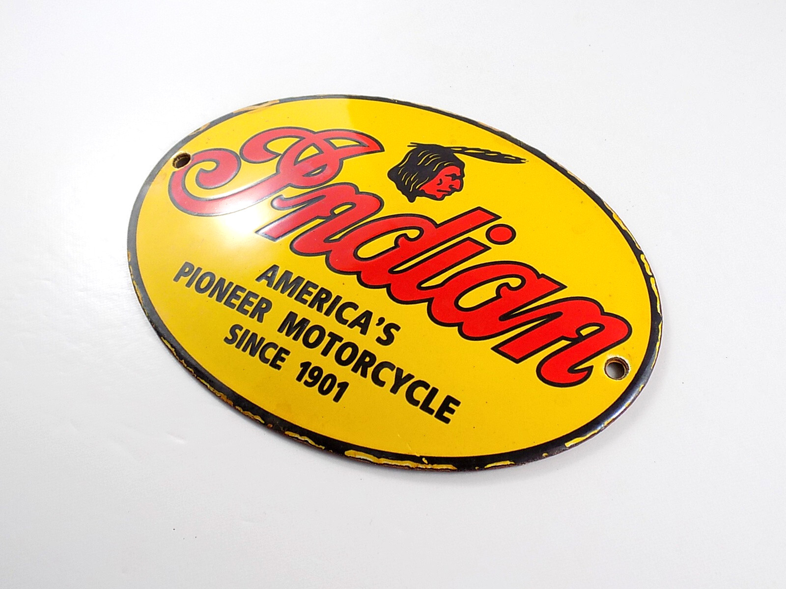 VINTAGE INDIAN MOTORCYCLE PORCELAIN METAL SIGN 5-1/2″ x 4″ CHIEF GAS, SCOUT, OIL