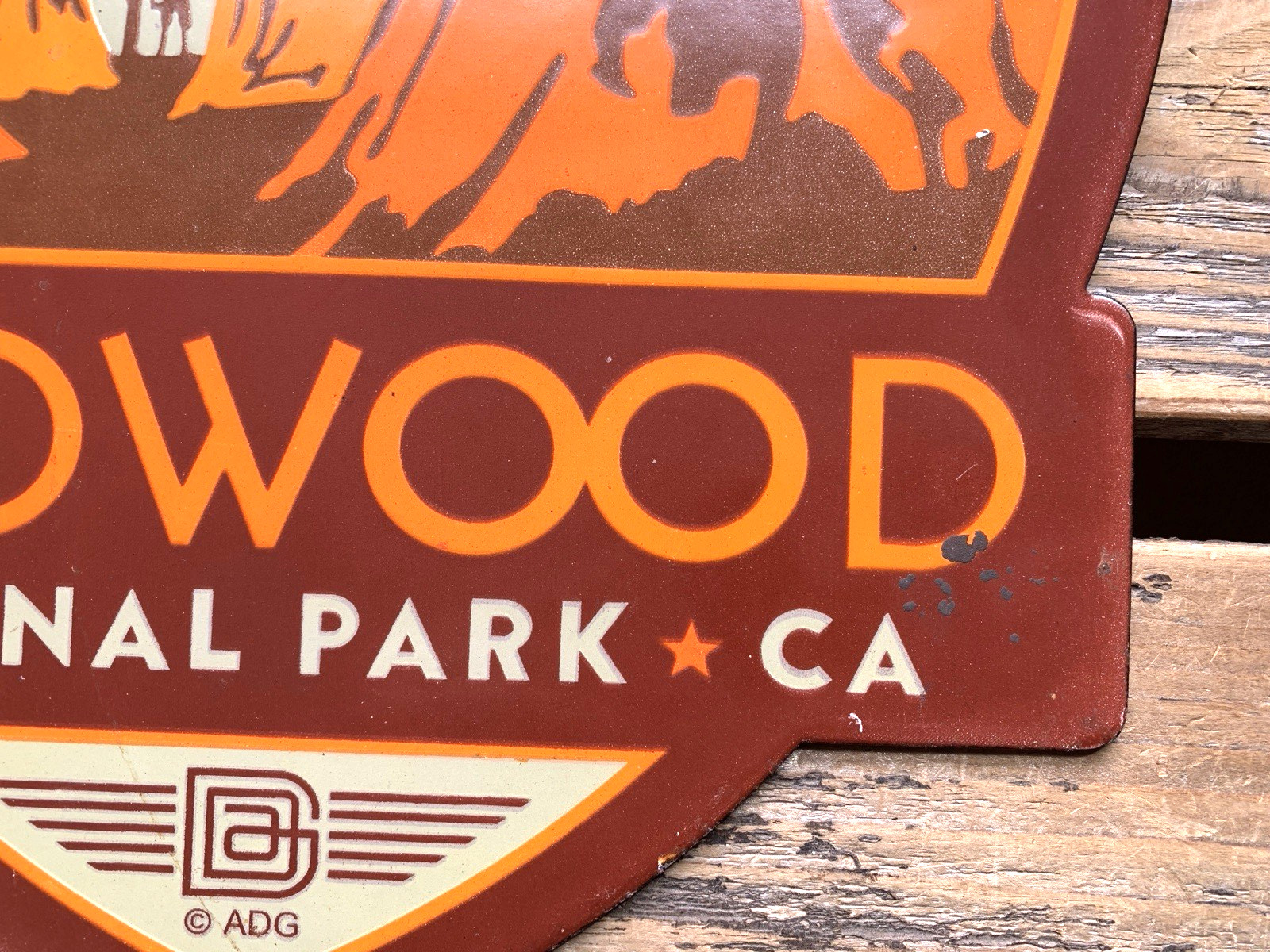 VINTAGE 12×11″ REDWOOD NATIONAL PARK CA PORCELAIN GASOLINE OIL PUMP STATION SIGN