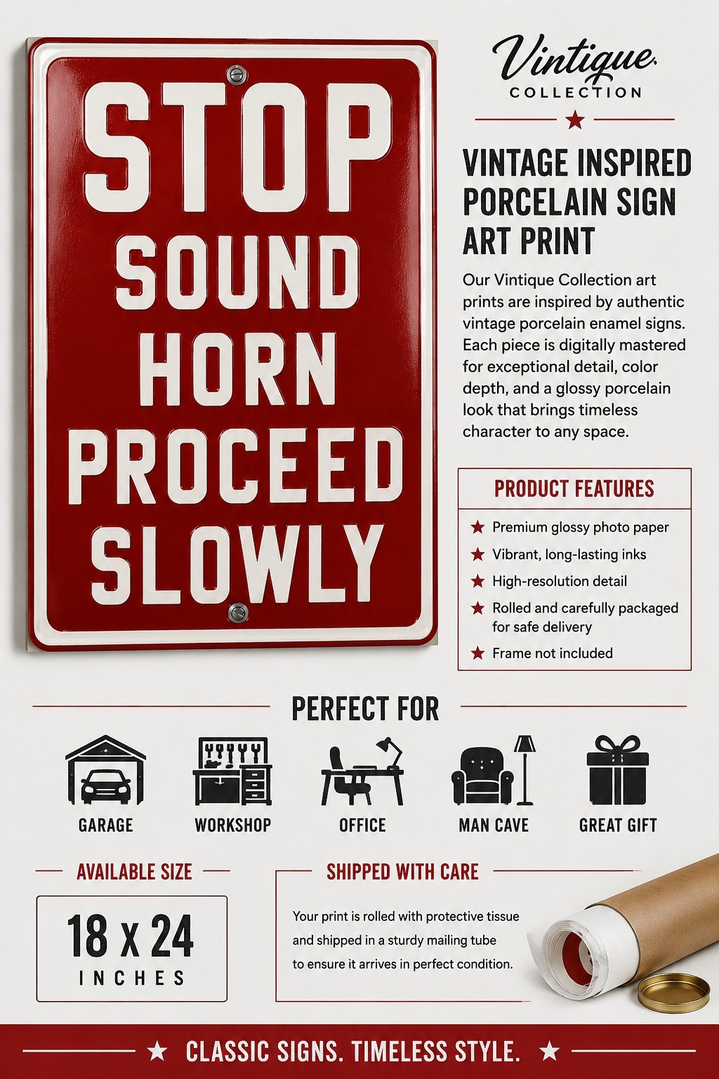 Stop Sound Horn Proceed Slowly Vintage Porcelain Sign Art Print 18×24 Garage…