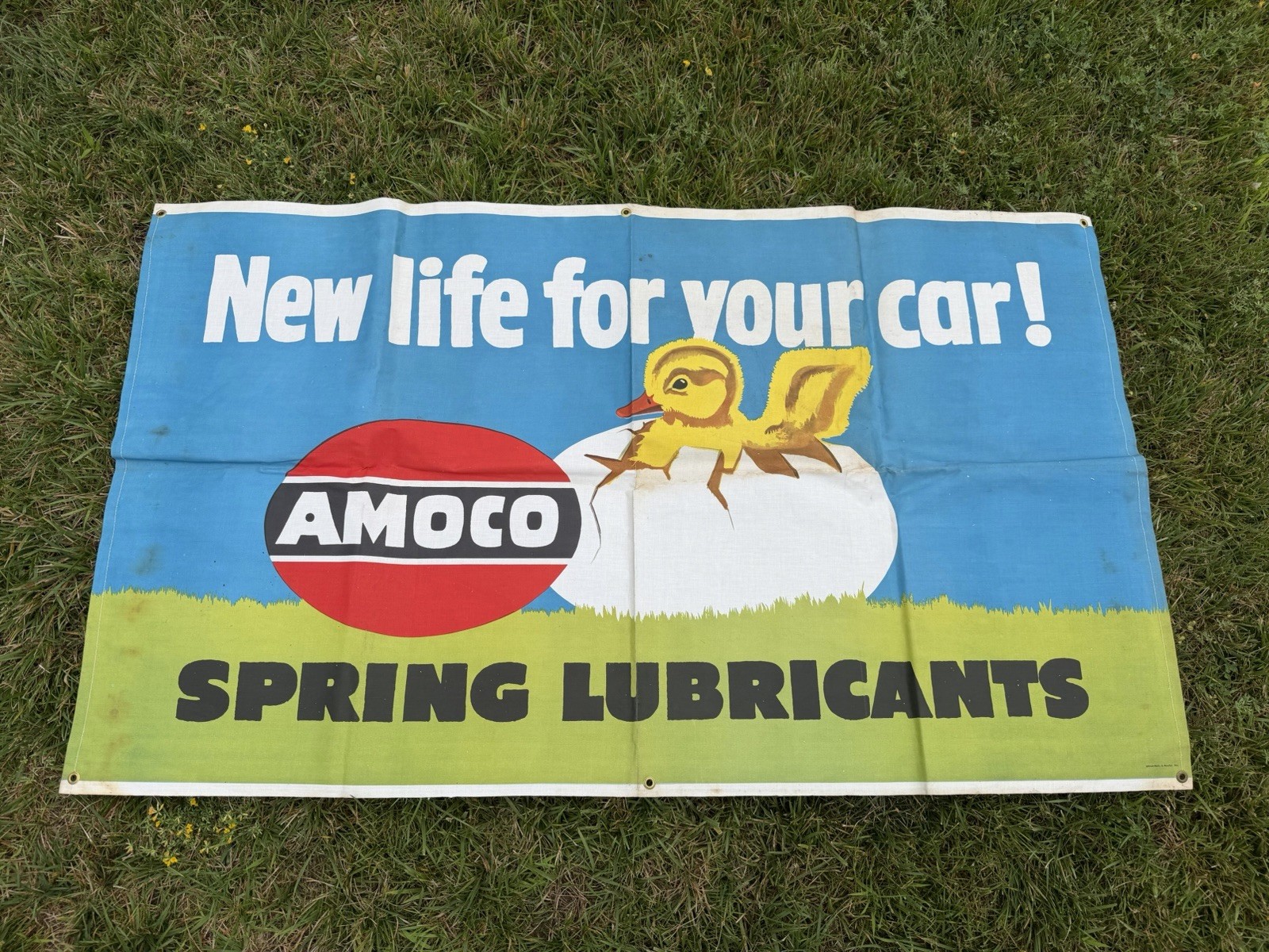 Vintage Amoco Banner Canvas Sign Gas Oil Baby Ducks Spring Lubricants Original