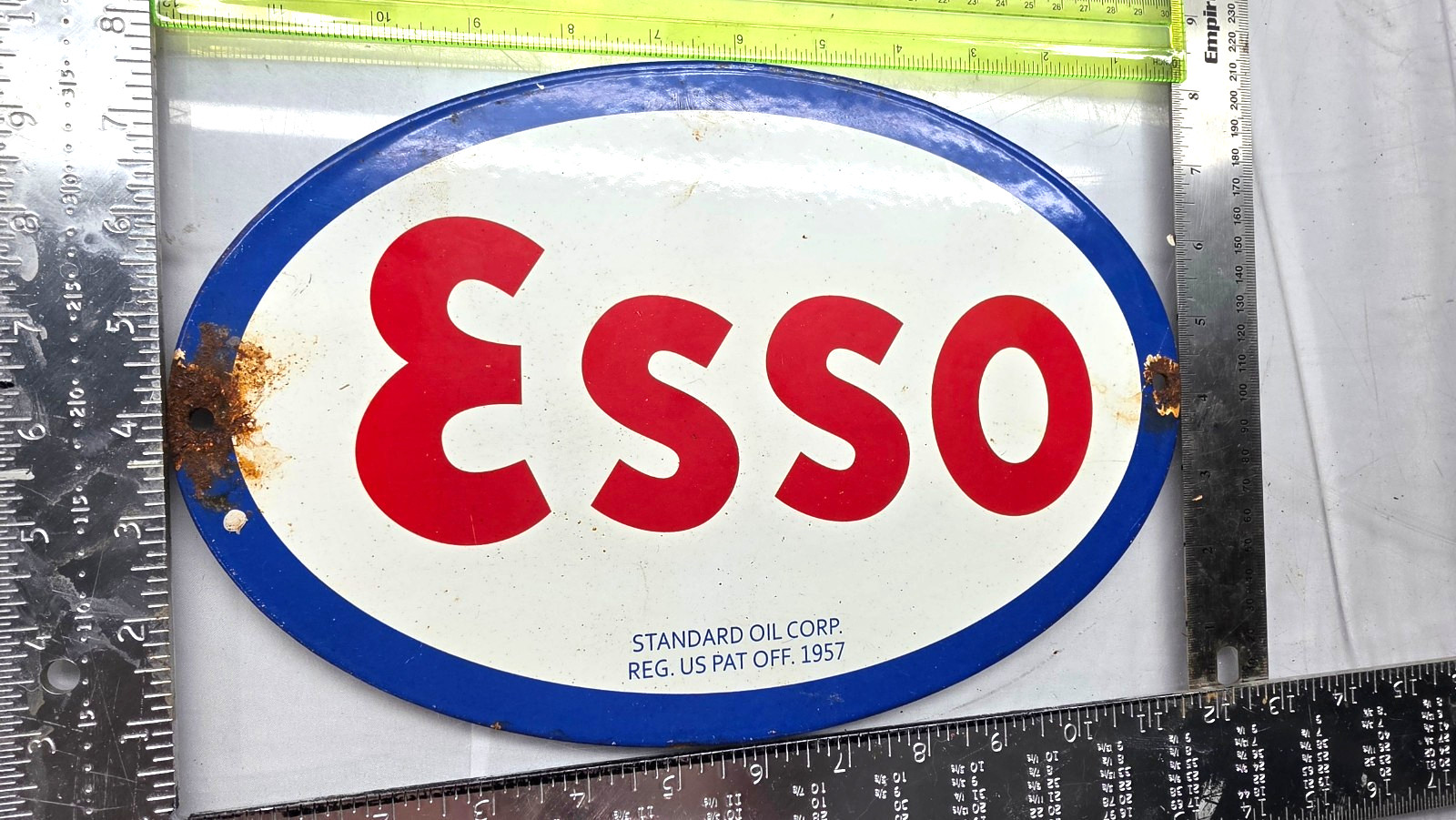 ESSO 12″ VINTAGE Genuine FLAT Gas Pump Plate Service Station Porcelain Sign