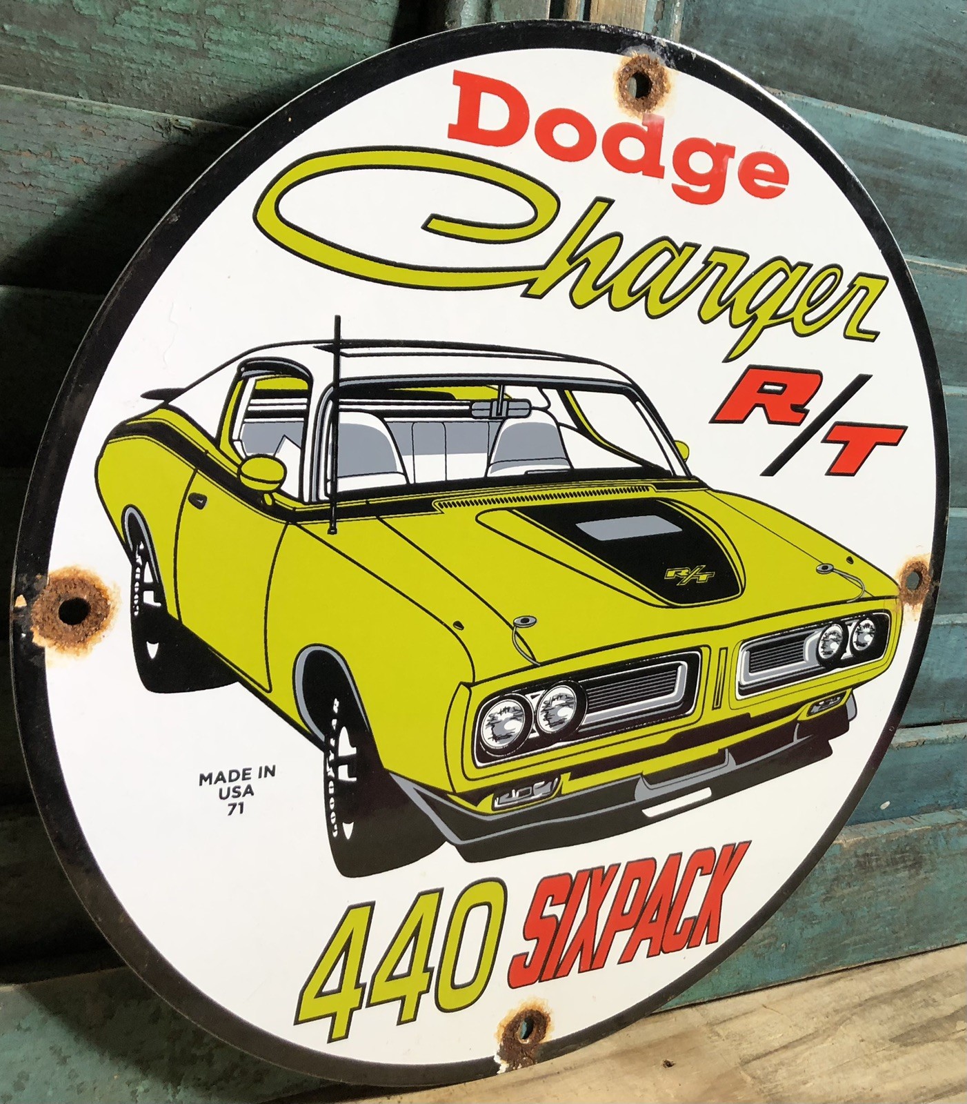 VINTAGE 1971 DATED PORCELAIN DODGE CHARGER R/T 440 SIX PACK GAS OIL SIGN