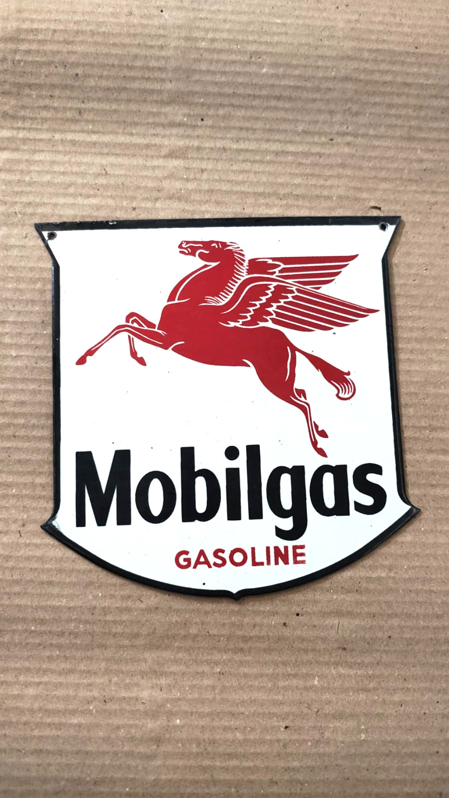 Mobilgas Pegasus Red Winged Horse Shield Porcelain Enamel Sign Gasoline Gas 8×8