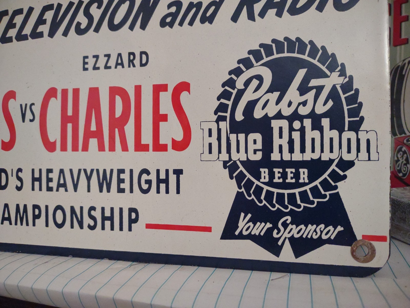 VINTAGE PABST BLUE RIBBON BEER PORCELAIN METAL SIGN OLD BOXING JOE LOUIS