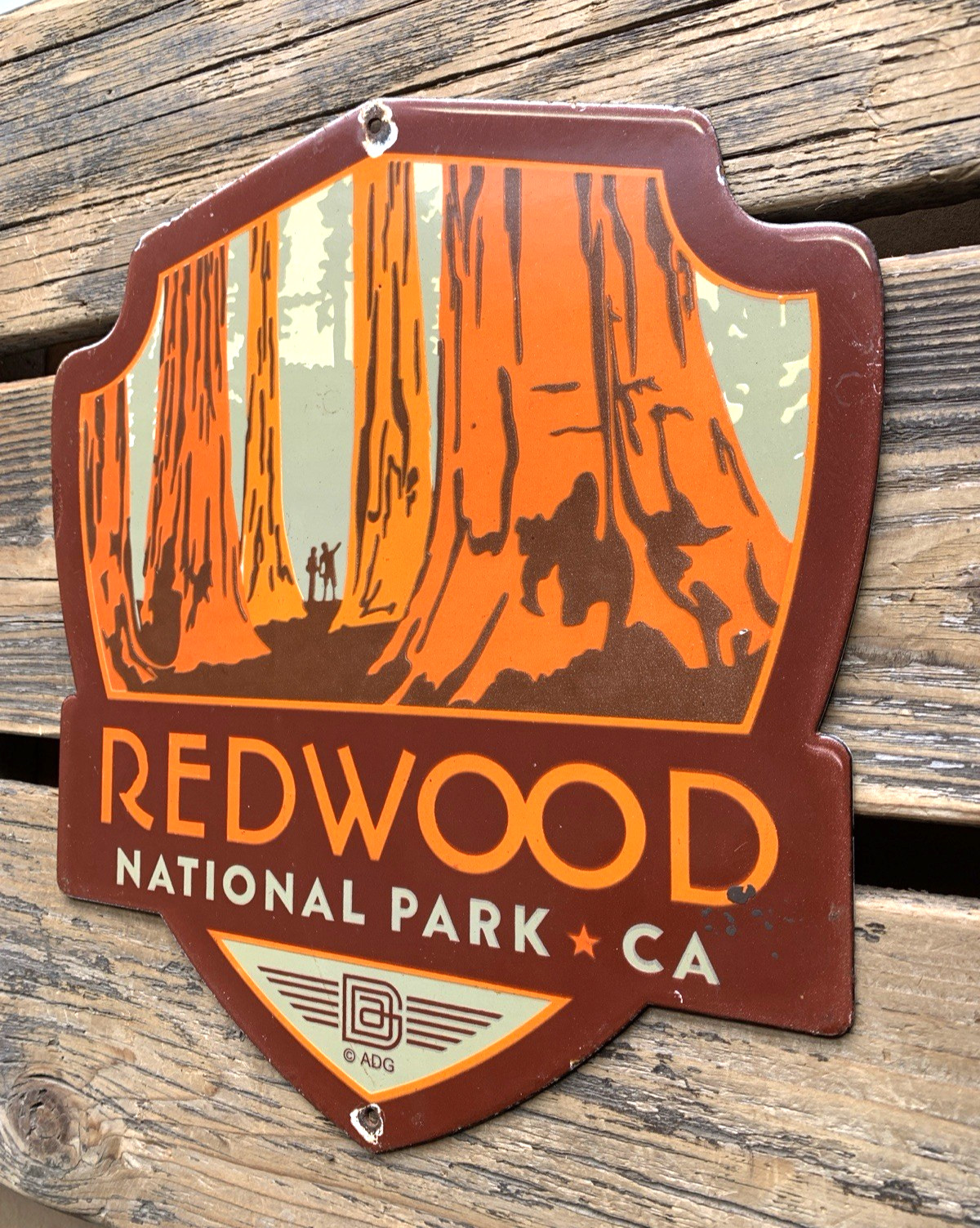 VINTAGE 12×11″ REDWOOD NATIONAL PARK CA PORCELAIN GASOLINE OIL PUMP STATION SIGN
