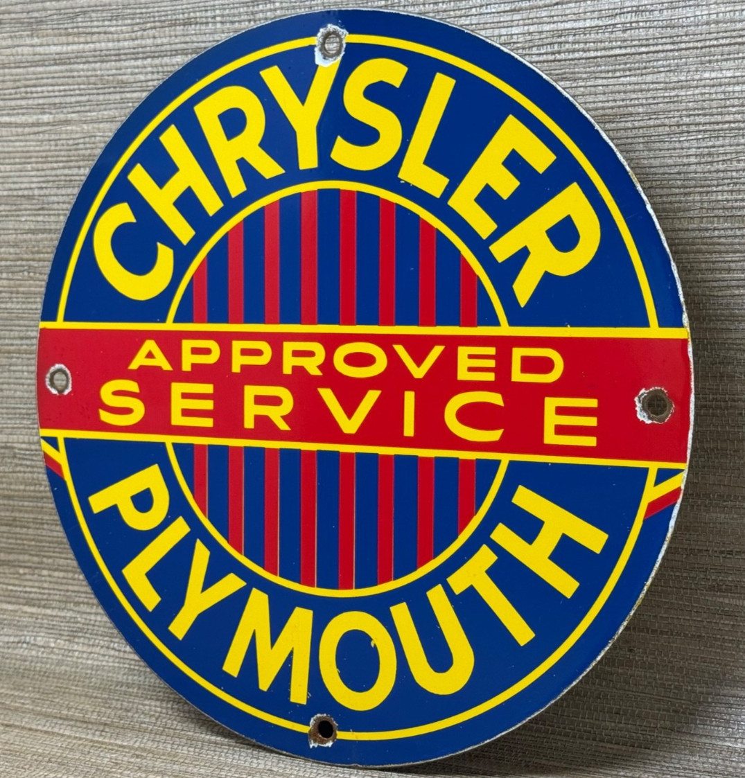 VINTAGE CHRYSLER PORCELAIN SIGN GENERAL MOTORS DEALERSHIP GAS OIL PLYMOUTH MOPAR