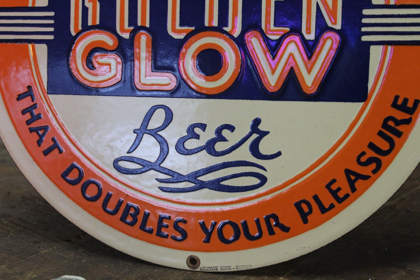RARE BLUMER’S GOLDEN GLOW MONROE WISCONSIN BEER DEALER PORCELAIN METAL SIGN