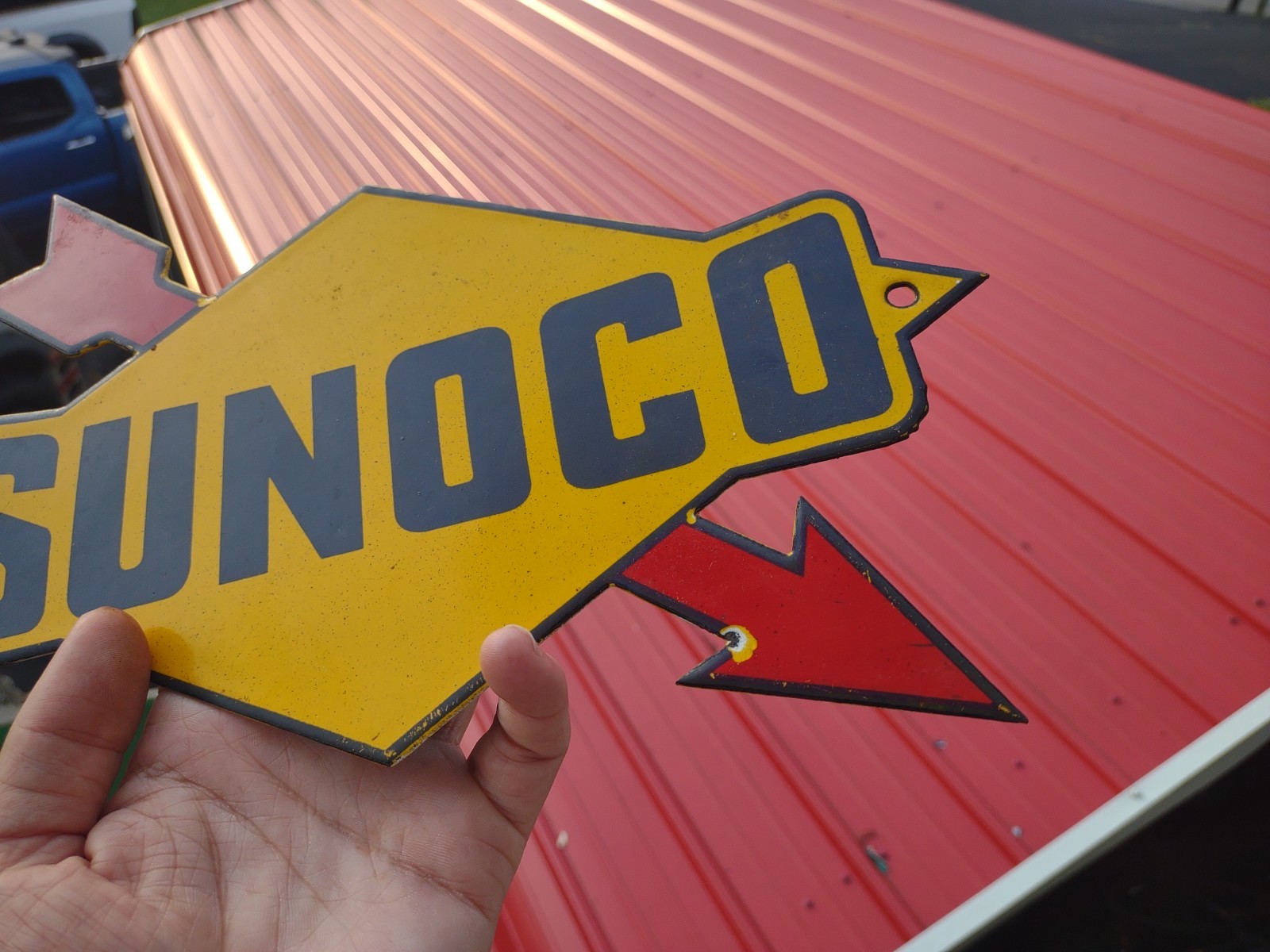 VINTAGE RARE SUNOCO GASOLINE ARROW PORCELAIN METAL SIGN AUTOMOBILE MOTORCYCLE
