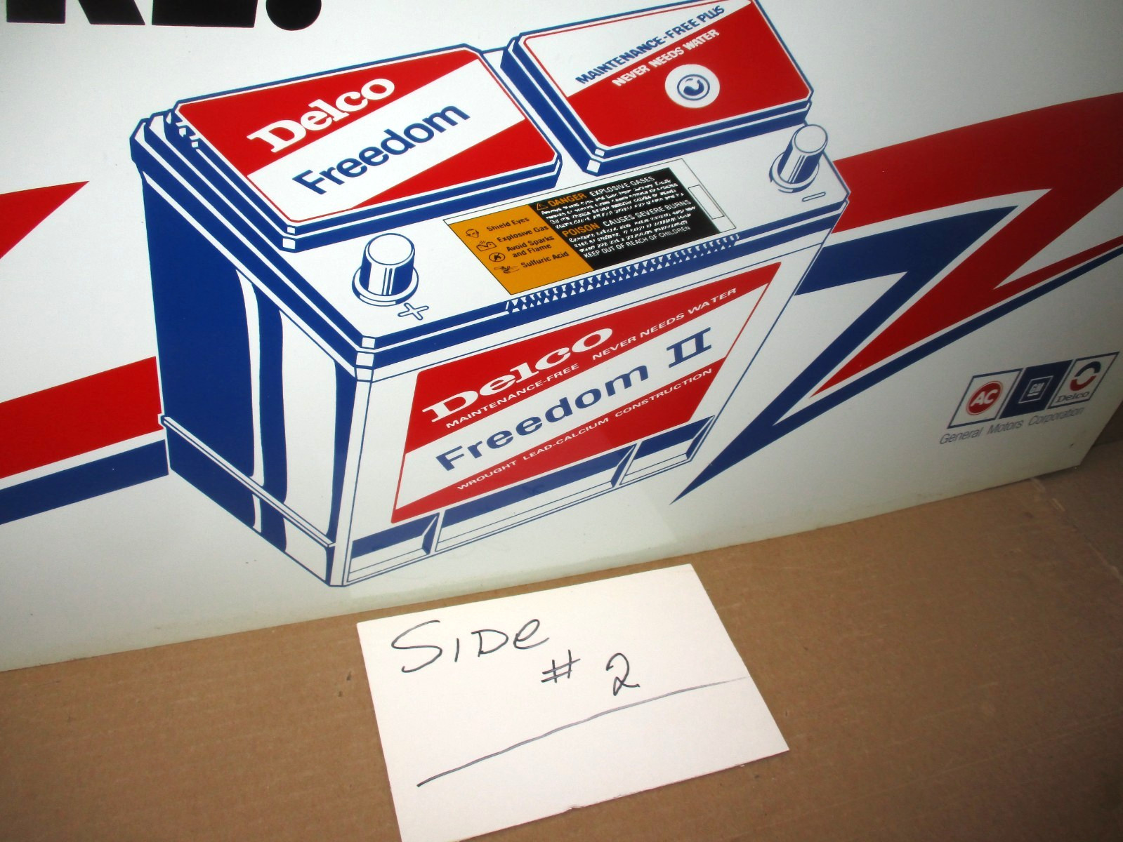 AC DELCO GM -Two Sided- 1970’s Freedom Battery -RED WHITE BLUE- VINTAGE OLD SIGN