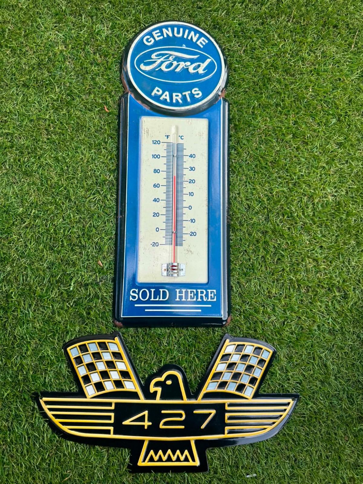 Ford Metal Thermometer and 427 Metal Sign with raised letters Mancave bar garage