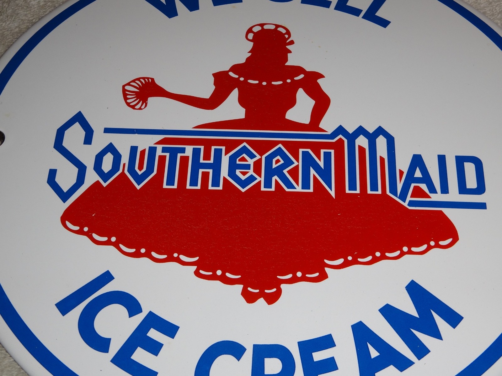 VINTAGE SOUTHERN MAID ICE CREAM +FLAPPER GIRL 10″ PORCELAIN METAL DAIRY GAS SIGN