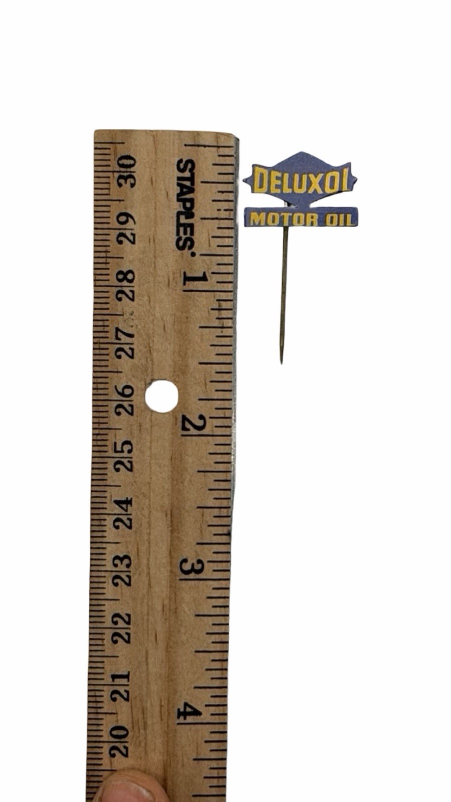 Vintage Deluxol Motor Oil Advertising Stick Pin 1.5” Gas Station Petrol Sign