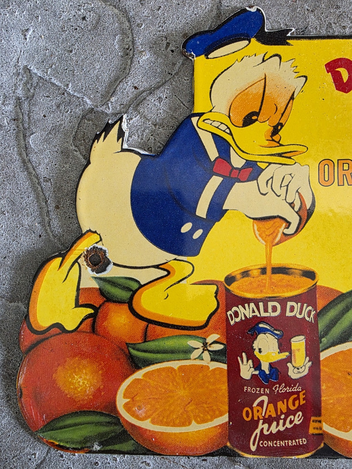 1950’S VINTAGE DONALD DUCK ORANGE JUICE PORCELAIN SIGN 12″x9″