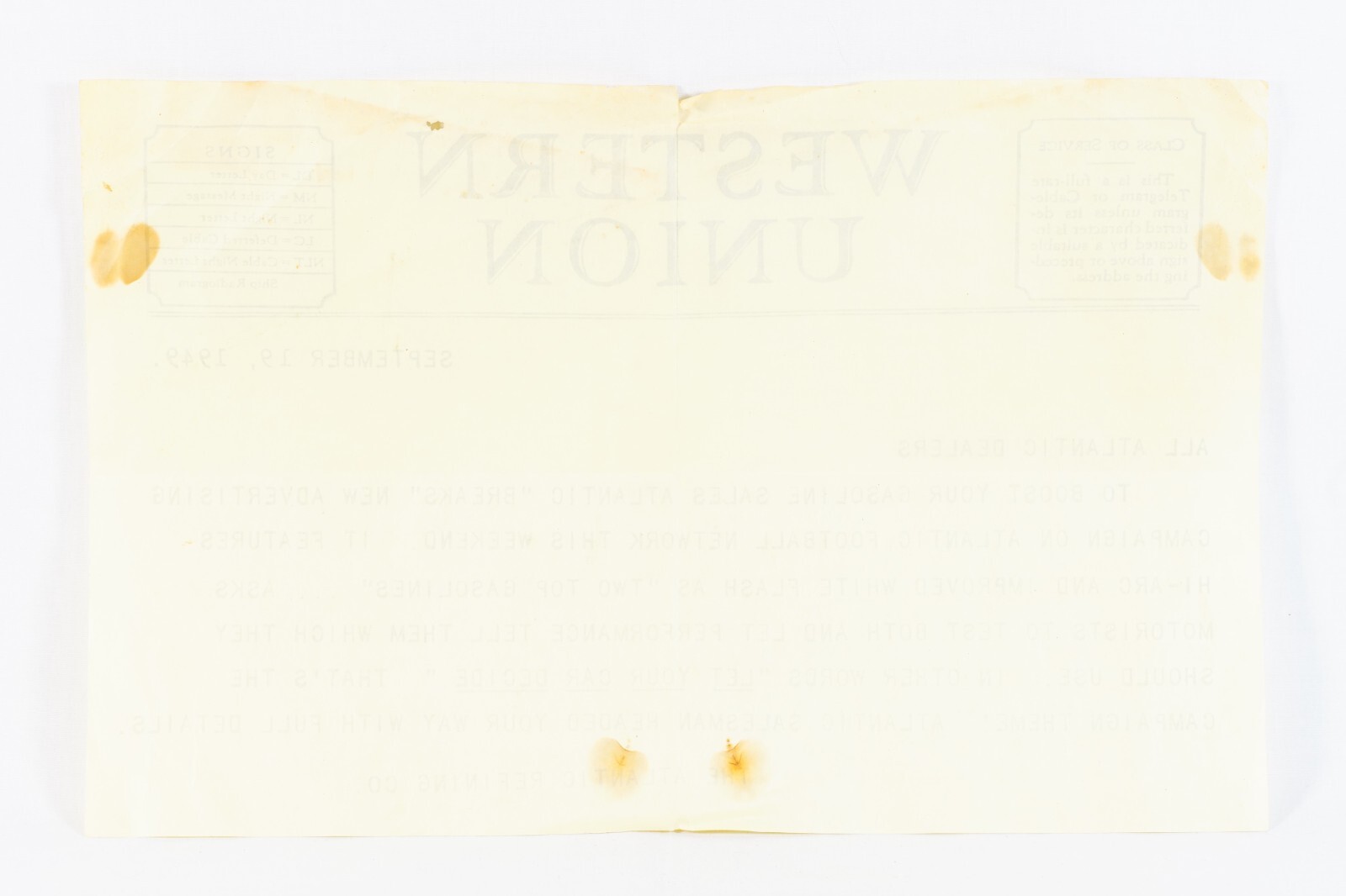 Atlantic Oil Refining Co 1949 Western Union Gas Service Station Dealer 17×11