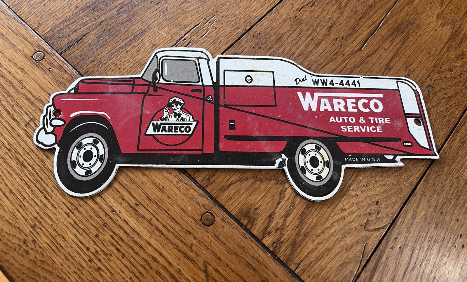NICE 12” WARECO AUTO & TIRE SERVICE PORCELAIN SIGN GAS TRUCK