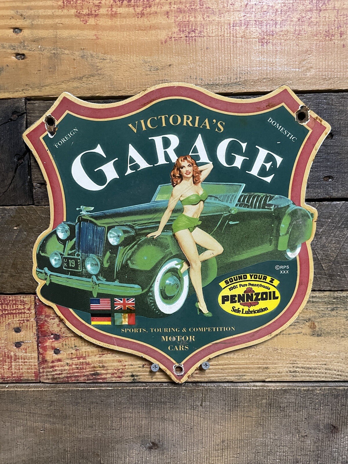 VINTAGE PENNZOIL PORCELAIN SHIELD SIGN VICTORIAS GAS & OIL GARAGE SERVICE WOMAN