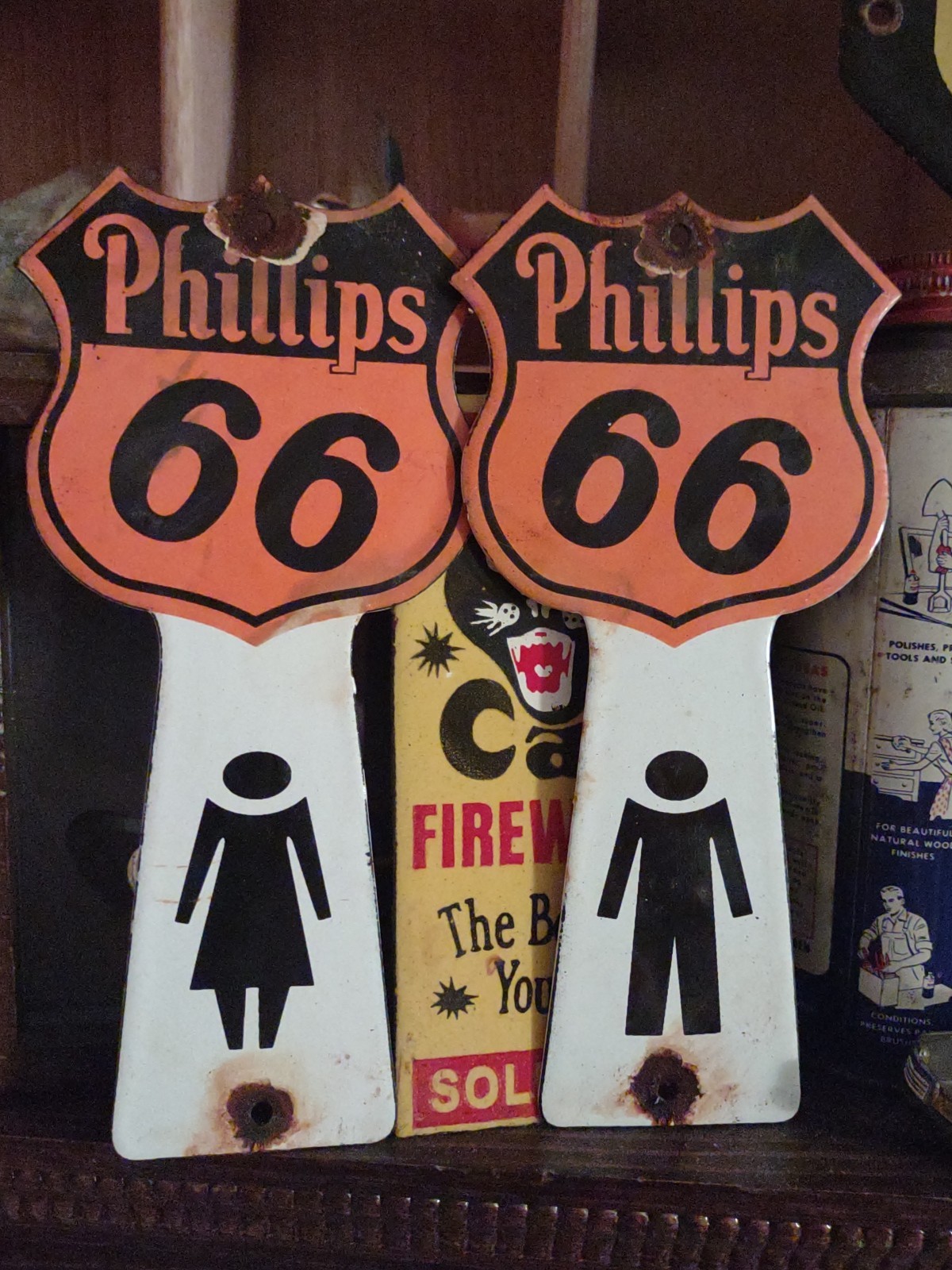 VTG Phillips 66 Porcelain Gas Station Sign Pair Restroom Bathroom Key Holder