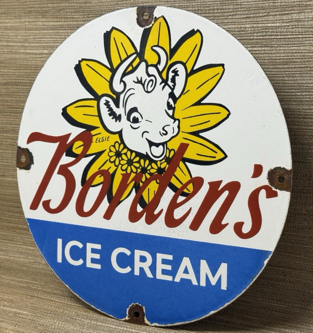 VINTAGE BORDENS ICE CREAM PORCELAIN SIGN DAIRY QUEEN COW FARM GAS PUMP